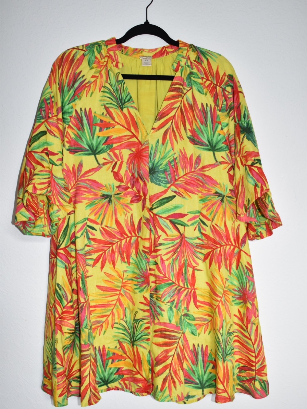 Magaschoni Yellow Tropical Print Mini Dress with Green & Red Leaves size Medium